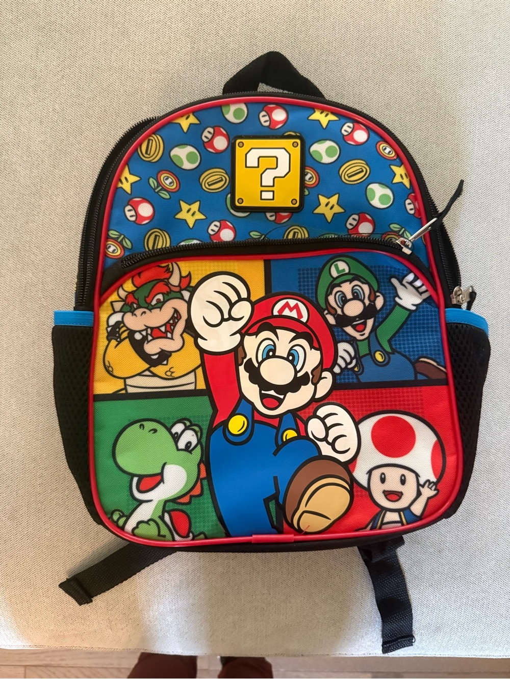 Super Mario Kids Backpack - Red, Blue, Green approximately 11 by 9